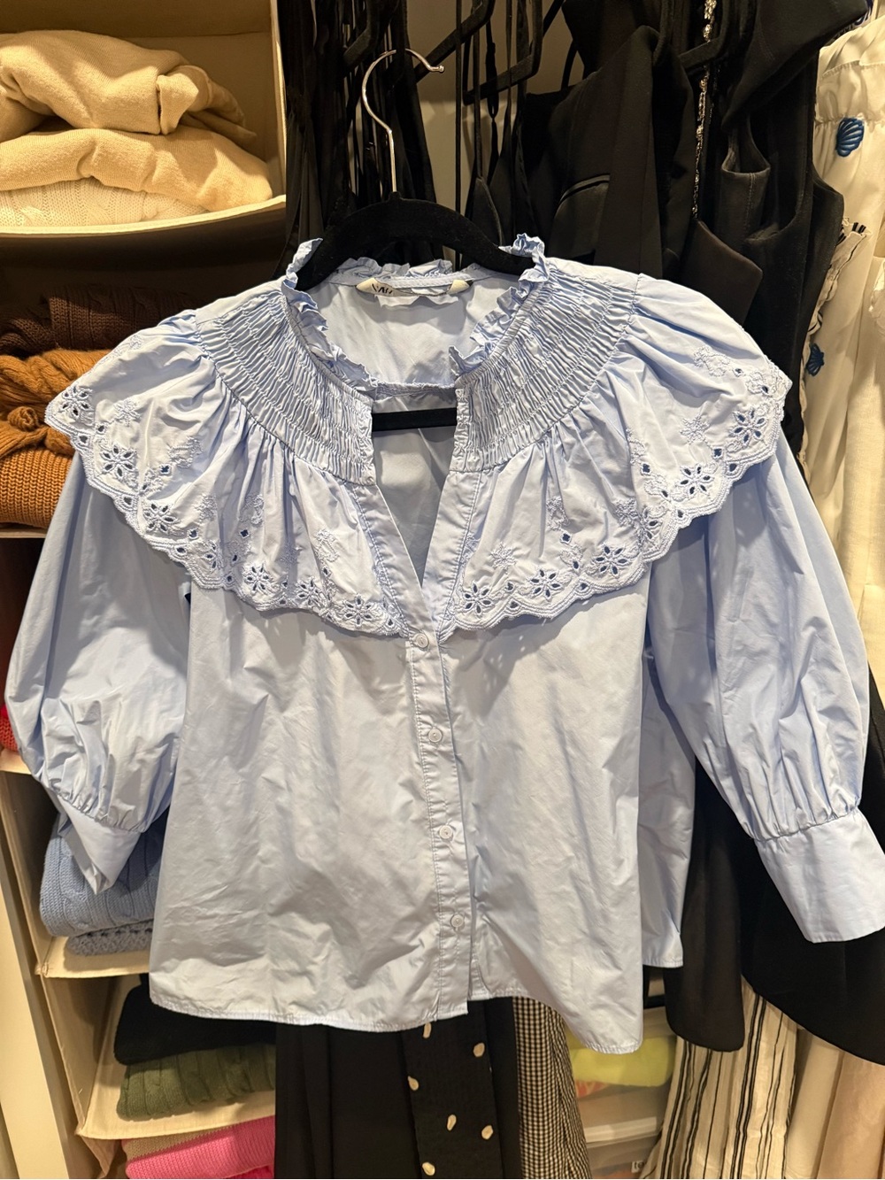 Zara Size M Light Blue Embroidered Ruffle Collar Women's Blouse